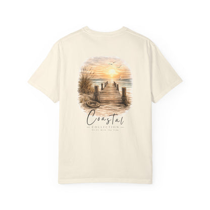 Unisex Adult Coastal Weathered Dock Sunrise Back Design T-Shirt — 'Drift With the Tide'  Graphic w/ Small Wave Logo Front (Additional Color)