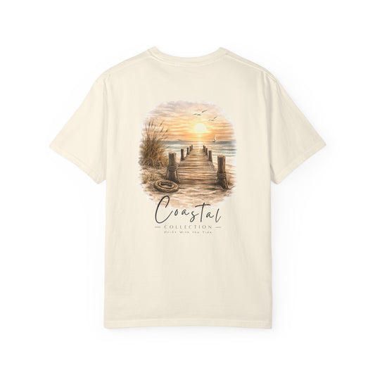 Unisex Adult Coastal Weathered Dock Sunrise Back Design T-Shirt — 'Drift With the Tide'  Graphic w/ Small Wave Logo Front (Additional Color)