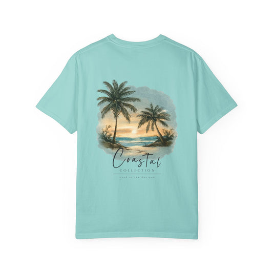 Unisex Adult Sunset Beach Scene II Back Design T-Shirt — Tropical Palm Tree 'Lost In the Horizon' Graphic w/ Logo Front (Additional Color)