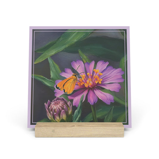 Nature Pretty Pink and Purple Flower with Butterfly Artist-Inspired Gallery Board with Wooden Stand — Mini Desk Art (Additional Sizes)