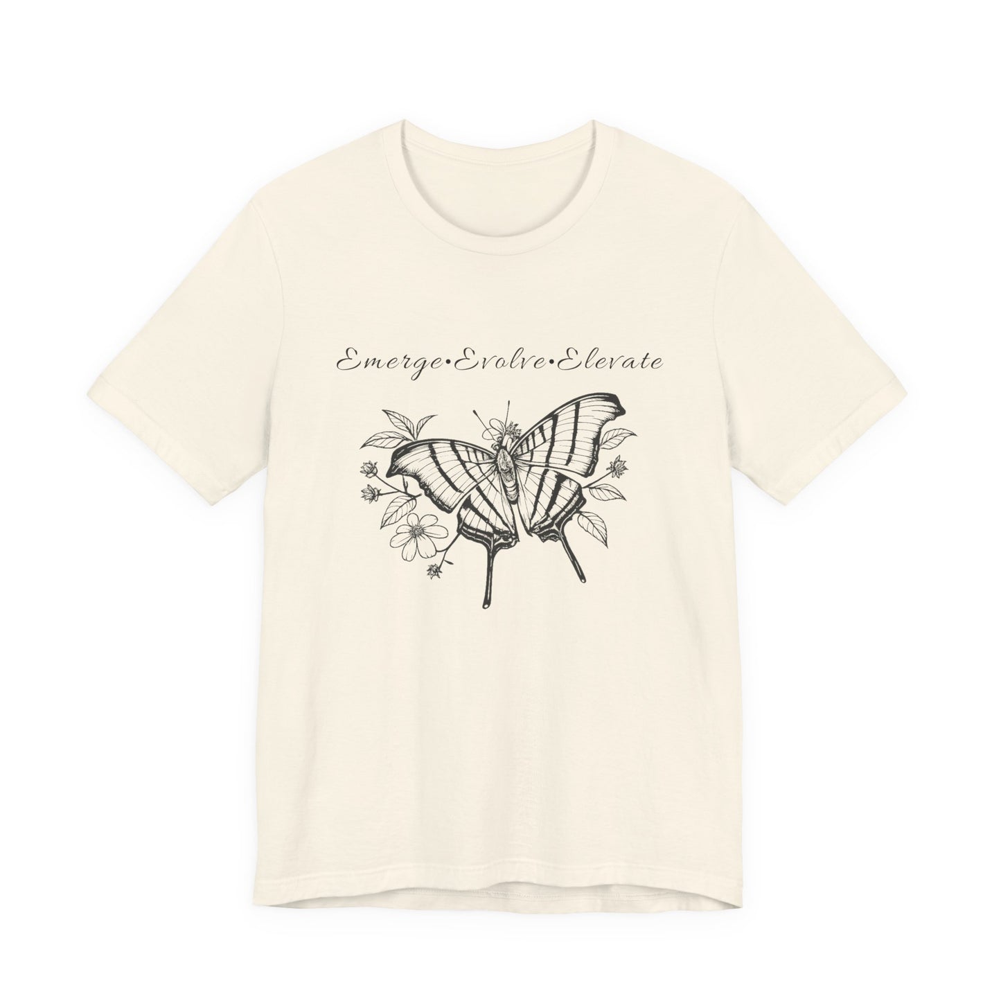 Unisex Adult Butterfly & Flowers Design Short Sleeve Tee - 'Emerge Evolve Elevate' (Additional Colors)