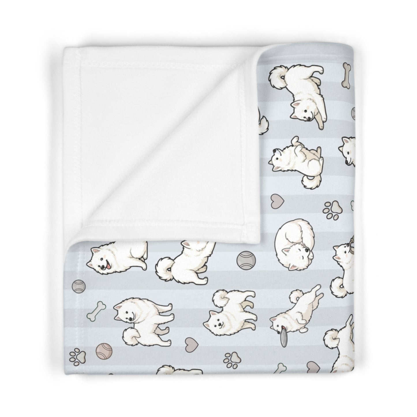 Blue Design Samoyed Puppy Baby Blanket - Cute White Puppy Pattern on Soft Blue Stripes (Soft Fleece)