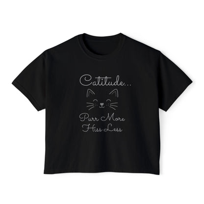 Catitude Boxy Tee — “Purr More, Hiss Less” Cute Cat Graphic T-Shirt (Additional Colors)