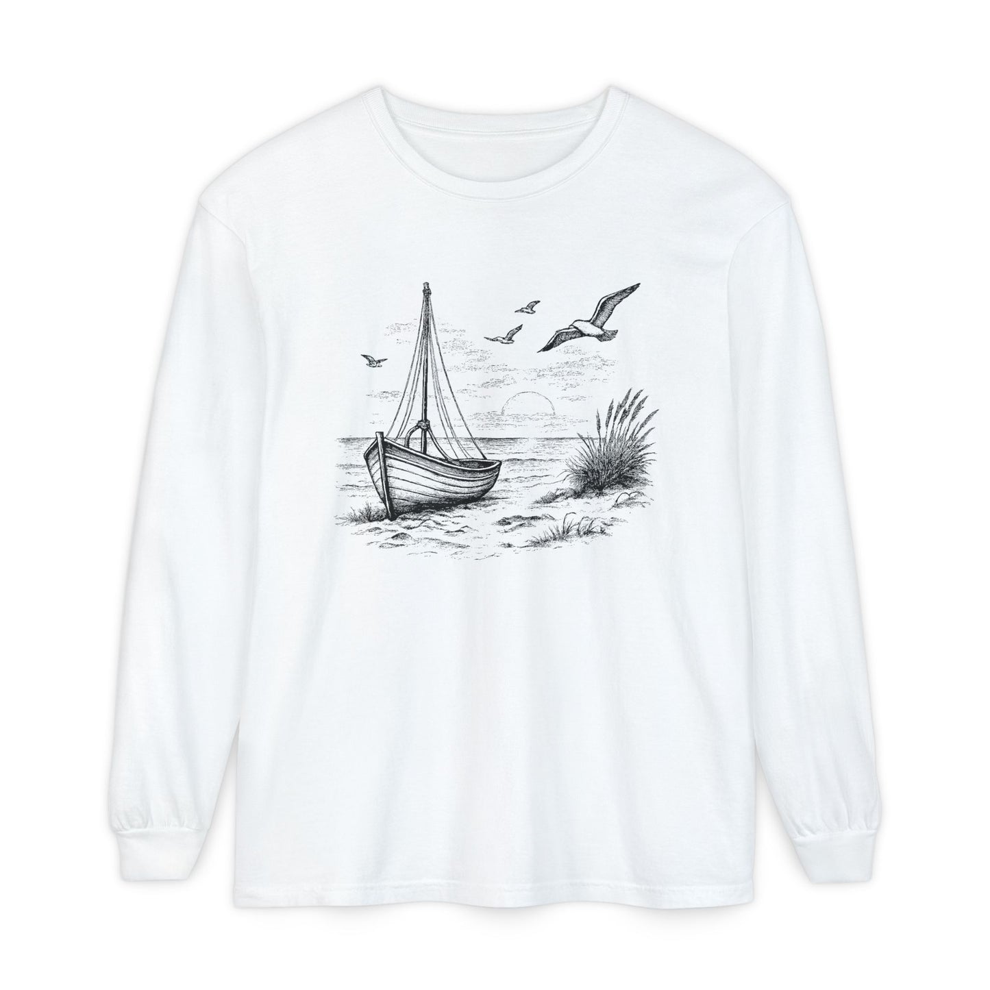 Nautical Sailboat & Beach Sketch Design Long Sleeve Tee - 'Set Your Course by the Stars Not the Storm' (Additional Colors)