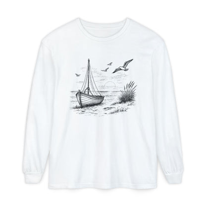 Nautical Sailboat & Beach Sketch Design Long Sleeve Tee - 'Set Your Course by the Stars Not the Storm' (Additional Colors)