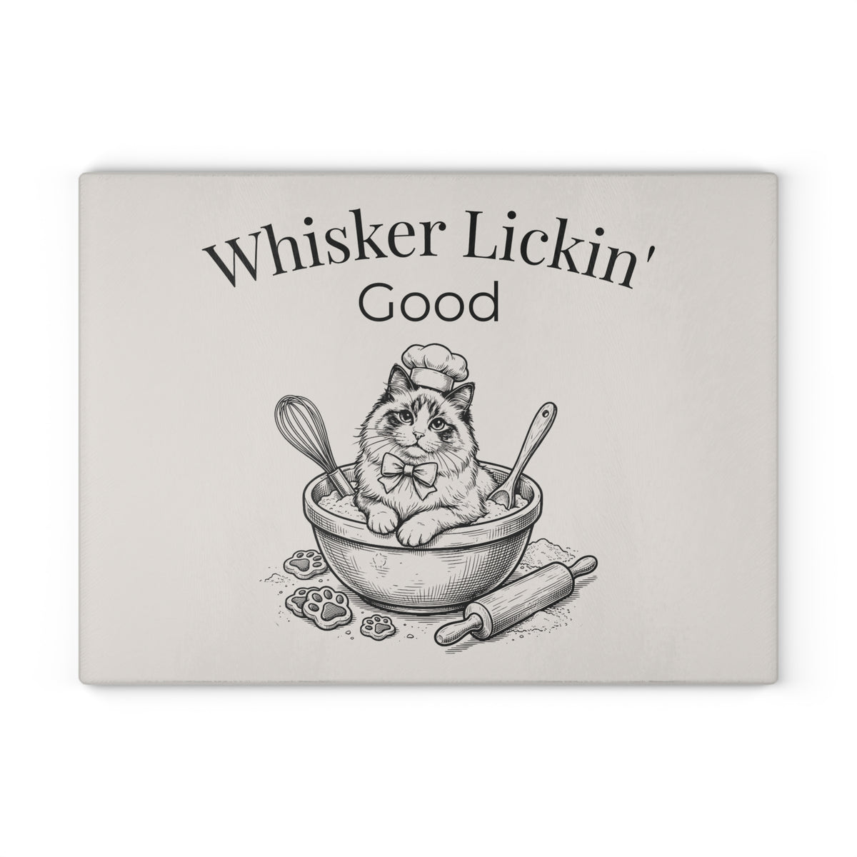 Glass Cutting Board — "Whisker Lickin' Good" Cat Chef Decorative Kitchen Board