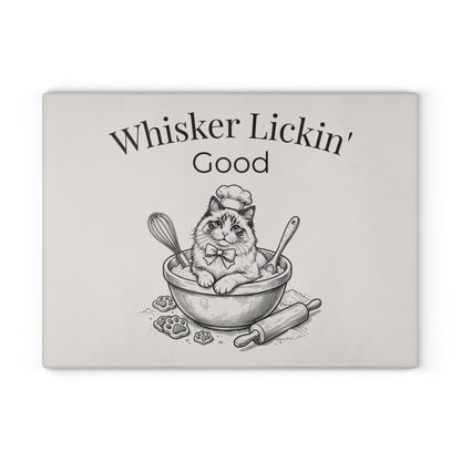 Glass Cutting Board — "Whisker Lickin' Good" Cat Chef Decorative Kitchen Board