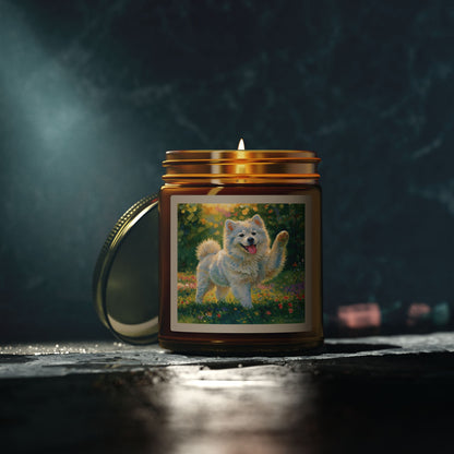 Coconut Apricot Wax Scented Candle — Joyful Samoyed Dog Design, Clear or Amber Jar (4oz or 9oz, Assorted Scents)