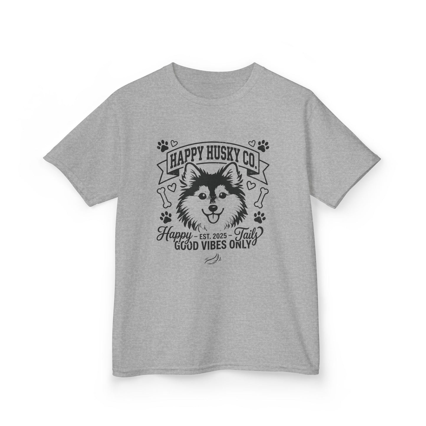 Kids Happy Husky Co. 'Happy Tails, Good Vibes Only' Tee — Puppy Graphic Shirt (Additional Colors)