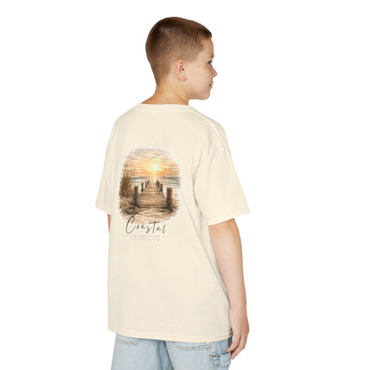 Kids Coastal Weathered Dock Sunrise Back Design Tee - 'Drift With the Tide' Graphic w/ Front Logo (Additional Color)