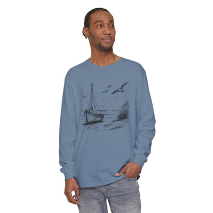 Nautical Sailboat & Beach Sketch Design Long Sleeve Tee - 'Set Your Course by the Stars Not the Storm' (Additional Colors)