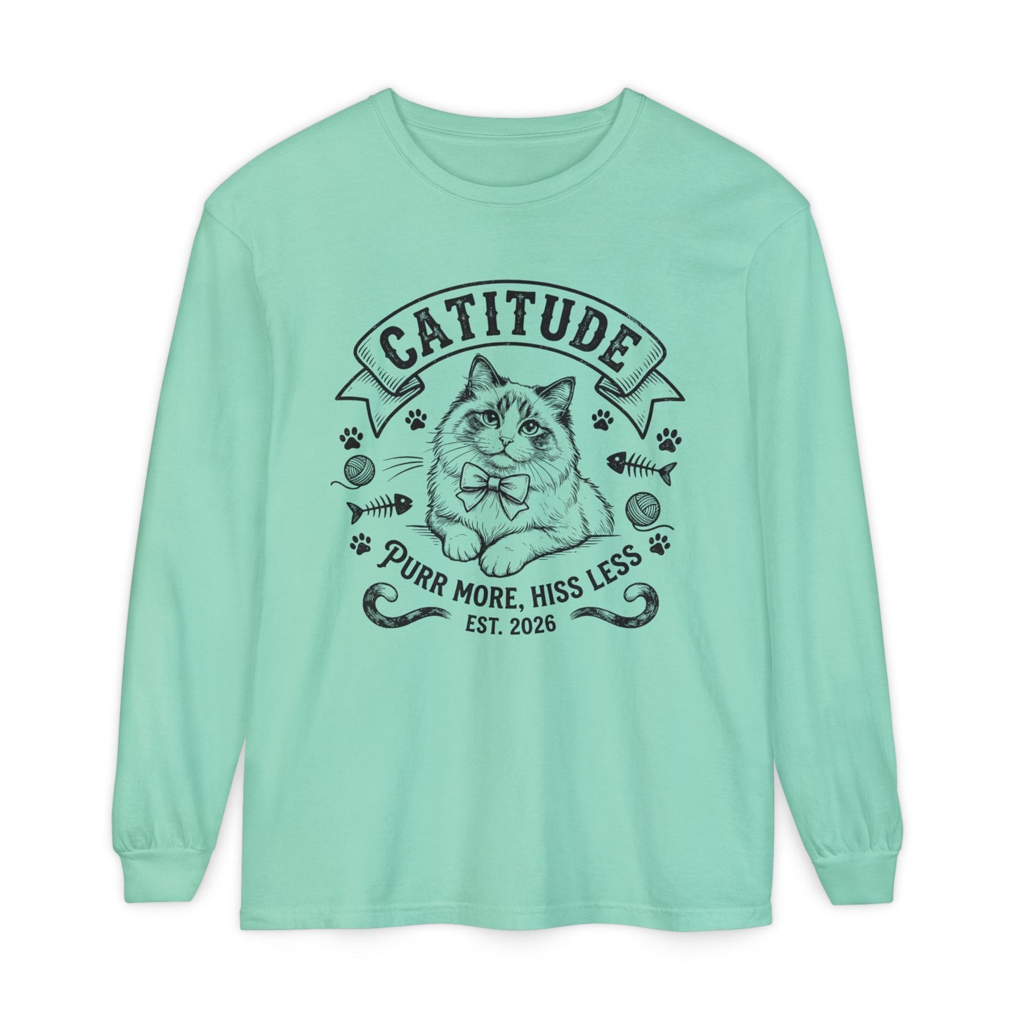 Unisex Catitude Design Long Sleeve Tee — 'Purr More, Hiss Less' Cat Lover Shirt (Additional Colors)