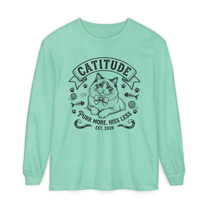 Unisex Catitude Design Long Sleeve Tee — 'Purr More, Hiss Less' Cat Lover Shirt (Additional Colors)