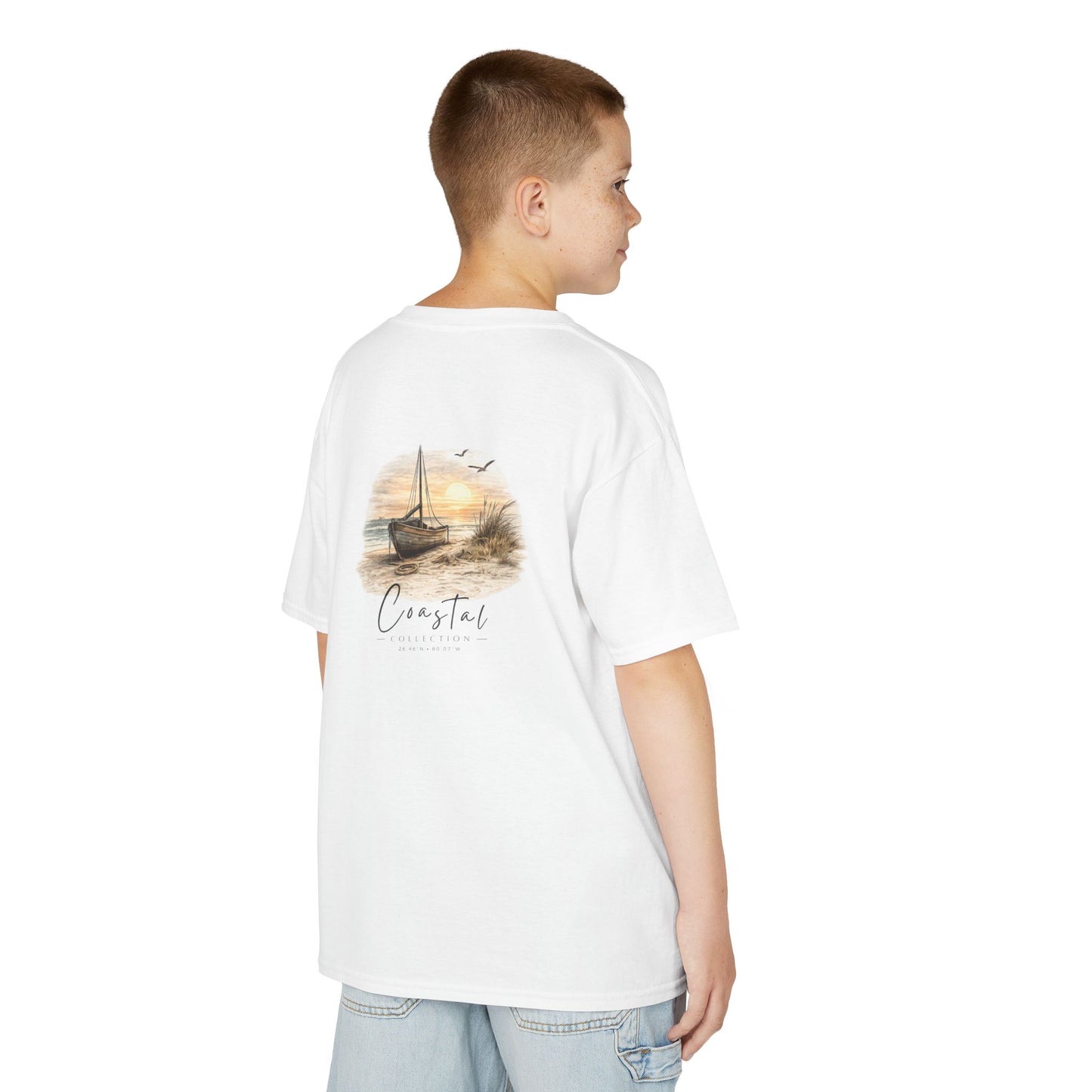 Kids Coastal Sunset Sailboat Back Design T-Shirt — Nautical Coastal Graphic Tee w/ Logo (Additional Color)