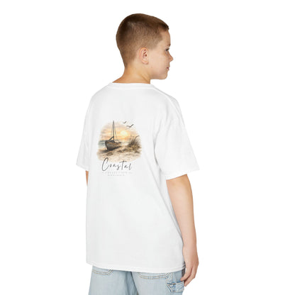 Kids Coastal Sunset Sailboat Back Design T-Shirt — Nautical Coastal Graphic Tee w/ Logo (Additional Color)