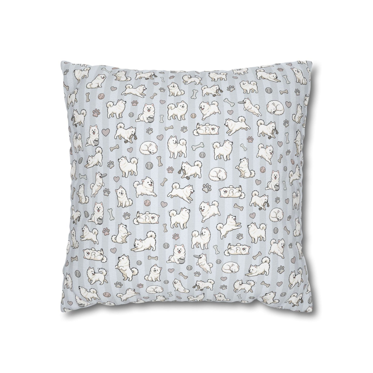 Double Sided Blue Design Samoyed Puppy With Bones, Hearts, and Paw Prints Pillowcase — Soft Striped Decorative Square Throw Pillow (Additional Sizes)