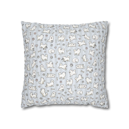 Double Sided Blue Design Samoyed Puppy With Bones, Hearts, and Paw Prints Pillowcase — Soft Striped Decorative Square Throw Pillow (Additional Sizes)