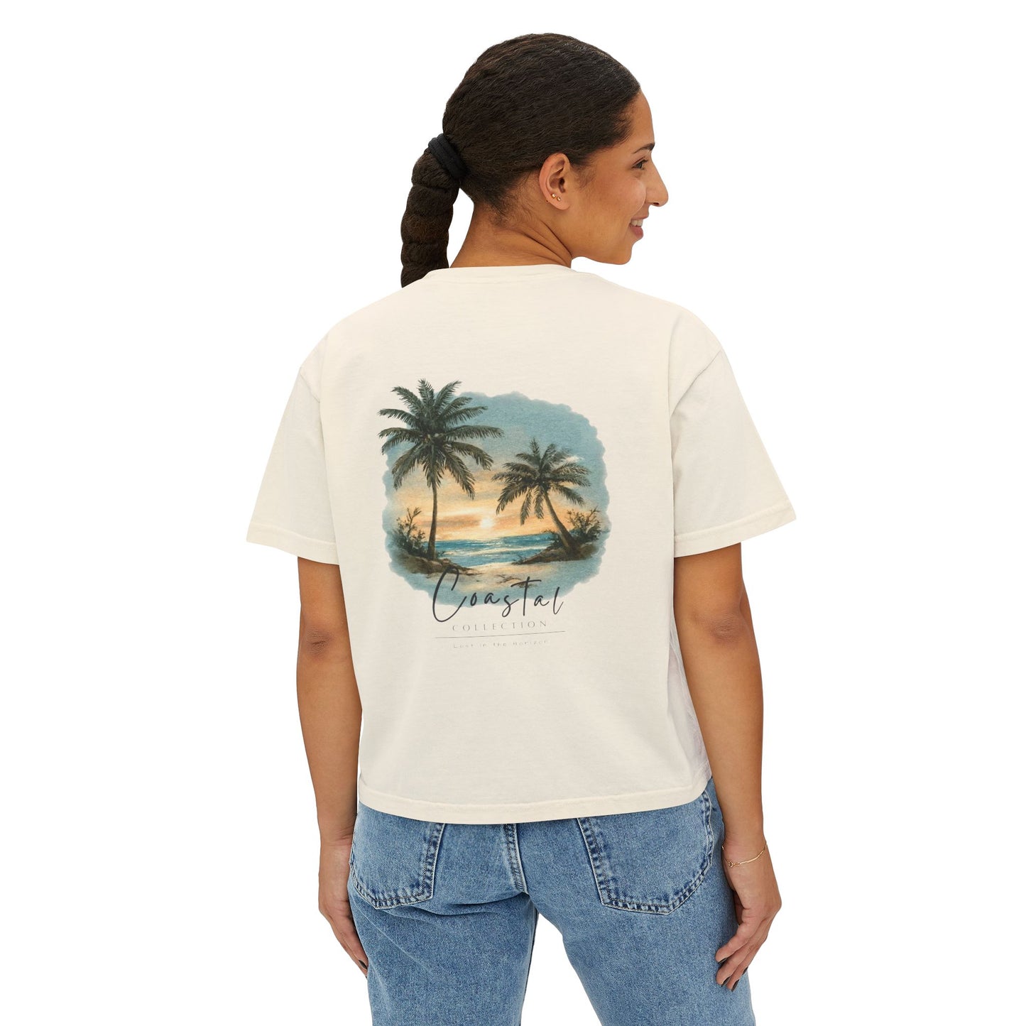 Women's Sunset Beach Scene II Back Design Boxy Tee - Tropical Palm Tree 'Lost In the Horizon' Graphic Tee (Additional Colors)