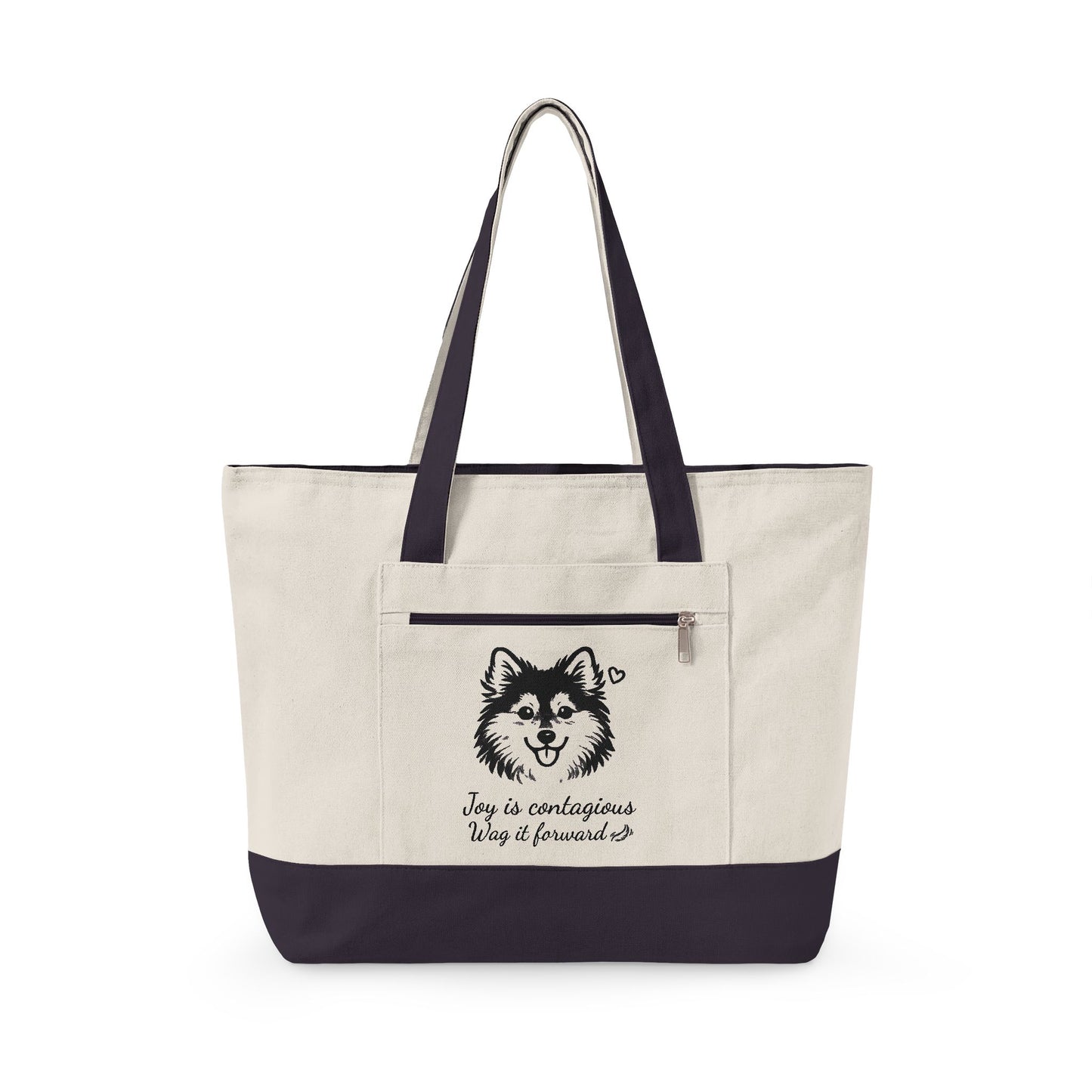 Adorable Pomsky With A Heart Canvas Tote Bag, 'Joy is contagious, Wag it forward' Zippered Beach & Market Tote (Additional Colors)