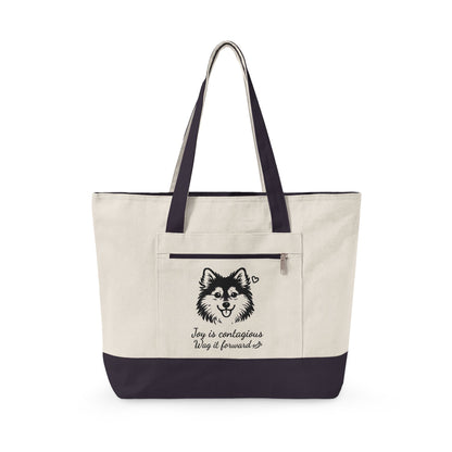Adorable Pomsky With A Heart Canvas Tote Bag, 'Joy is contagious, Wag it forward' Zippered Beach & Market Tote (Additional Colors)