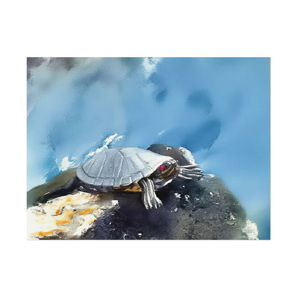 Watercolor-Style Nature-Inspired 'Turtle on the Rocks' Textured Matte Art Print