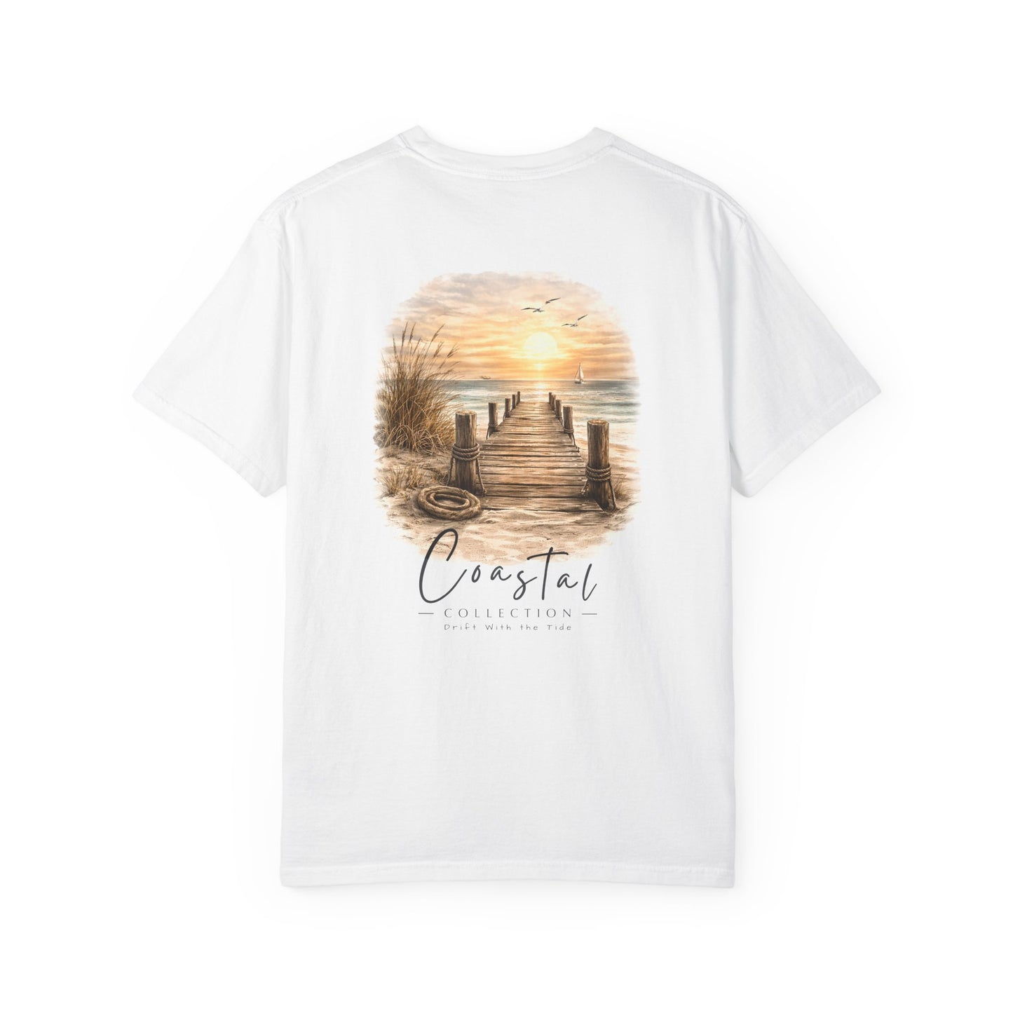 Unisex Adult Coastal Weathered Dock Sunrise Back Design T-Shirt — 'Drift With the Tide'  Graphic w/ Small Wave Logo Front (Additional Color)