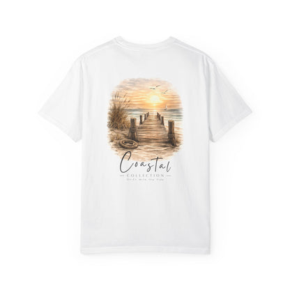 Unisex Adult Coastal Weathered Dock Sunrise Back Design T-Shirt — 'Drift With the Tide'  Graphic w/ Small Wave Logo Front (Additional Color)