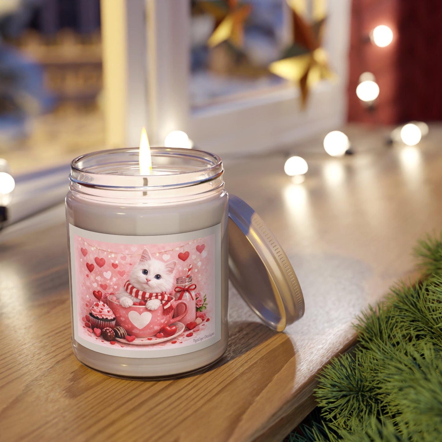 Valentine White Pussycat Soy Candle Clear Jar, Romantic Theme with Cute Cat & Hearts, 9 oz (7.5 net oz, Assorted Scents)
