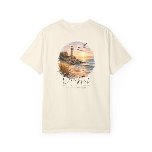 Unisex Adult Coastal Lighthouse Sunset Back Design T-Shirt — 'Guided By The Light' Graphic Tee w/ Front Logo (Additional Color)