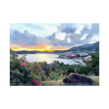 Artistic Scenic Nature Tropical Island Sunset Watercolor-Style Wall Art Print