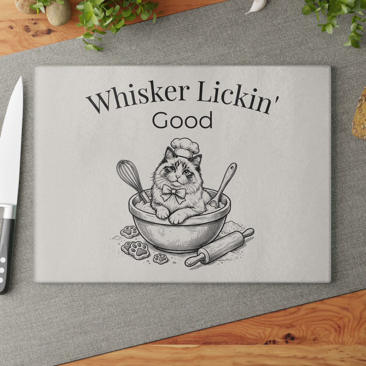 Glass Cutting Board — "Whisker Lickin' Good" Cat Chef Decorative Kitchen Board
