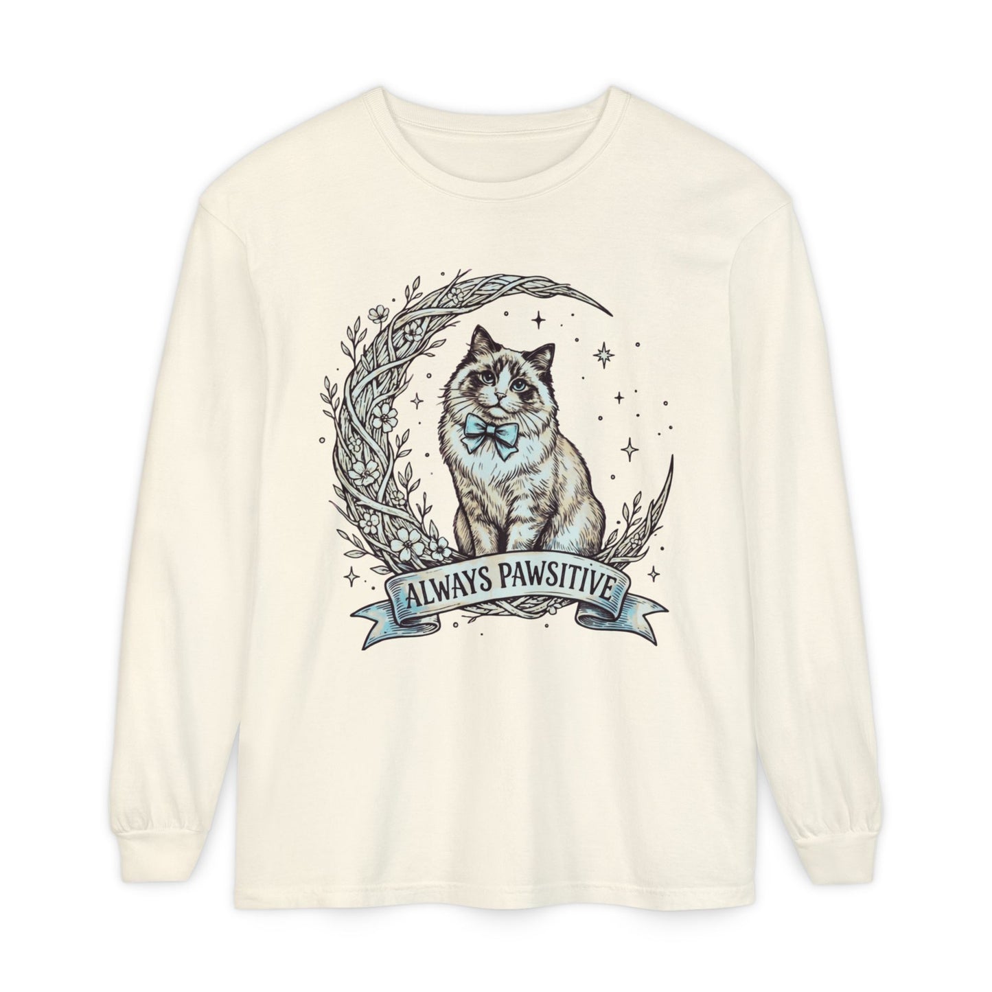 Unisex Adult 'Always Pawsitive' Cat Design Long Sleeve Tee — Cute Ragdoll Cat Graphic Shirt (Additional Colors)