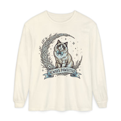 Unisex Adult 'Always Pawsitive' Cat Design Long Sleeve Tee — Cute Ragdoll Cat Graphic Shirt (Additional Colors)