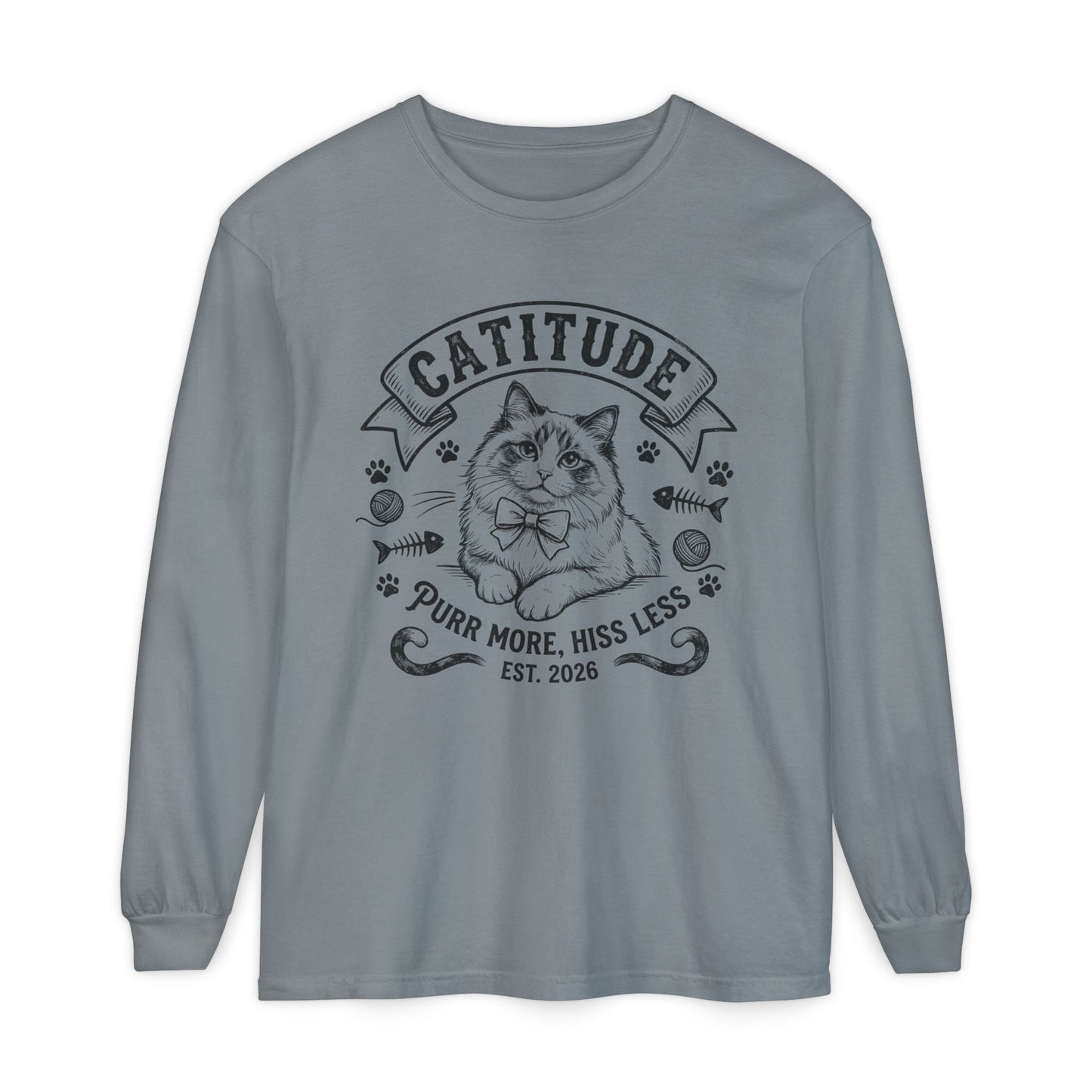 Unisex Catitude Design Long Sleeve Tee — 'Purr More, Hiss Less' Cat Lover Shirt (Additional Colors)