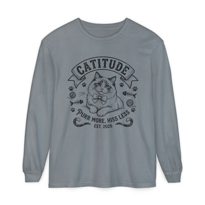 Unisex Catitude Design Long Sleeve Tee — 'Purr More, Hiss Less' Cat Lover Shirt (Additional Colors)