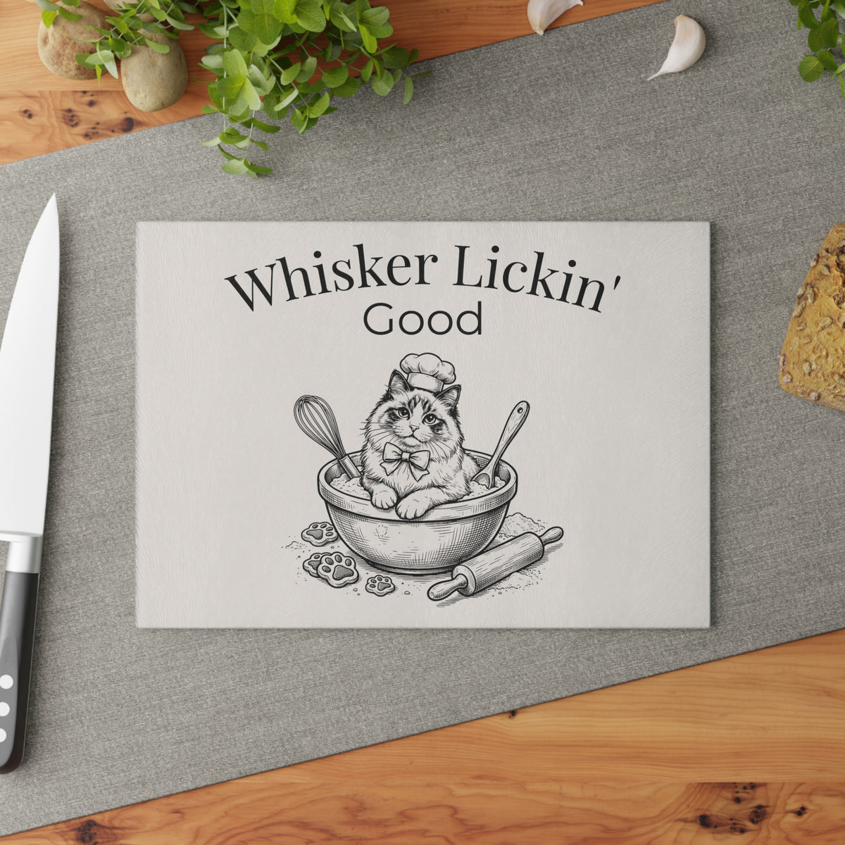 Glass Cutting Board — "Whisker Lickin' Good" Cat Chef Decorative Kitchen Board