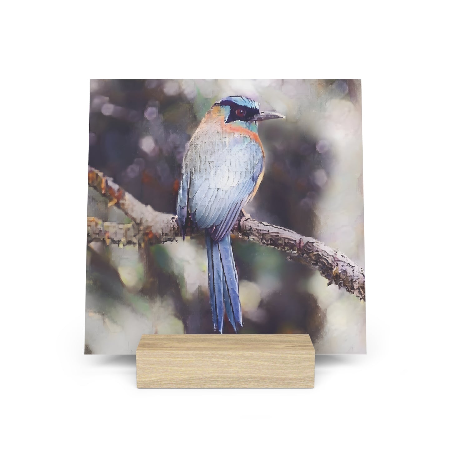 Artistic Tropical Bird Photo Gallery Board with Wooden Stand — Mini Nature Desk Art (Additional Sizes)