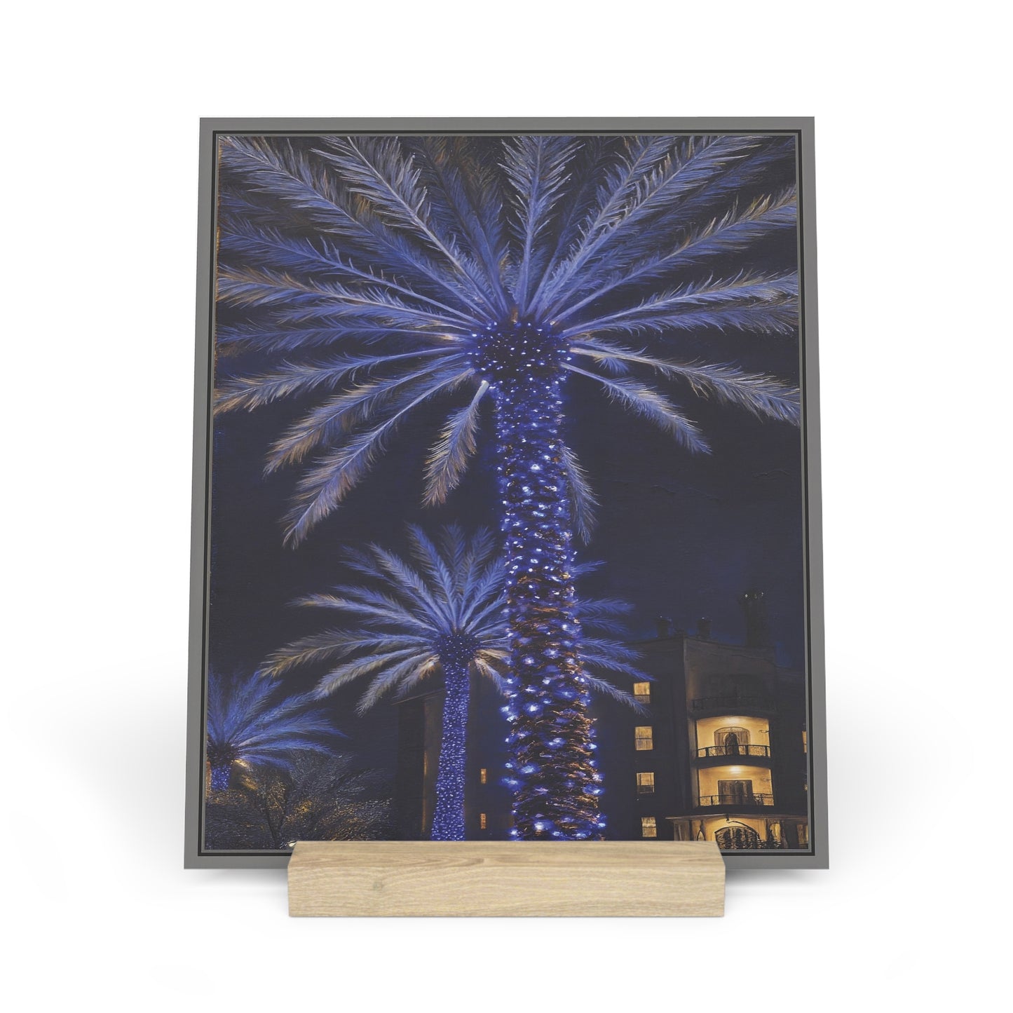 Blue Palm Trees Photo Gallery Board with Wooden Stand — Mini Nature Tropical Night Lights Desk Art (Additional Sizes)