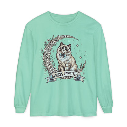 Unisex Adult 'Always Pawsitive' Cat Design Long Sleeve Tee — Cute Ragdoll Cat Graphic Shirt (Additional Colors)
