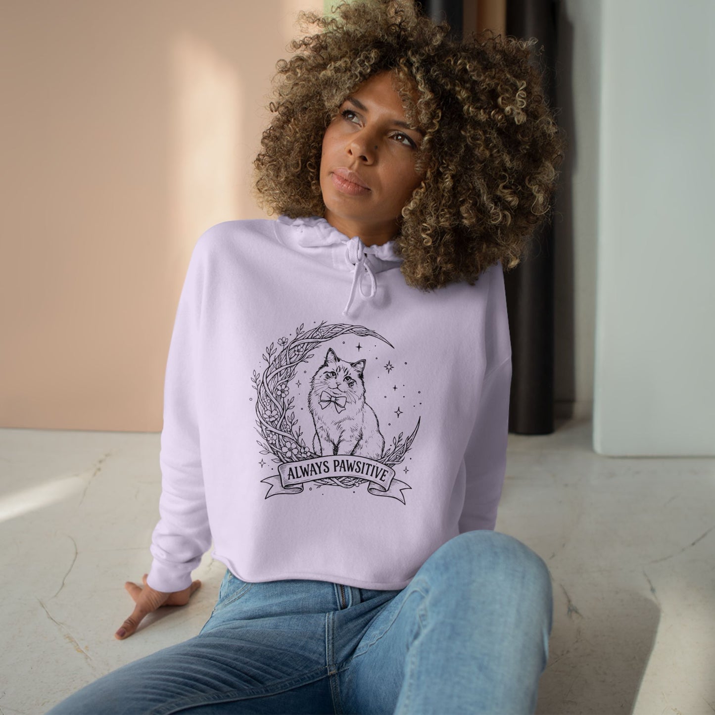 Cute Cat & Moon Crop Hoodie — “Always Pawsitive” Cozy Graphic Pullover (Additional Colors)