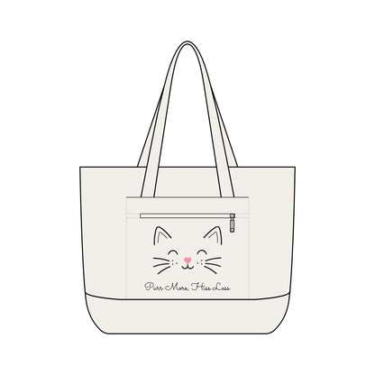Cute Cat Face Canvas Tote Bag —  'Purr More, Hiss Less' Zippered Beach & Market Tote (Additional Colors)