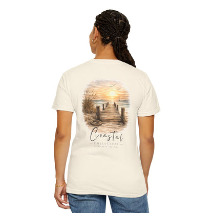 Unisex Adult Coastal Weathered Dock Sunrise Back Design T-Shirt — 'Drift With the Tide'  Graphic w/ Small Wave Logo Front (Additional Color)