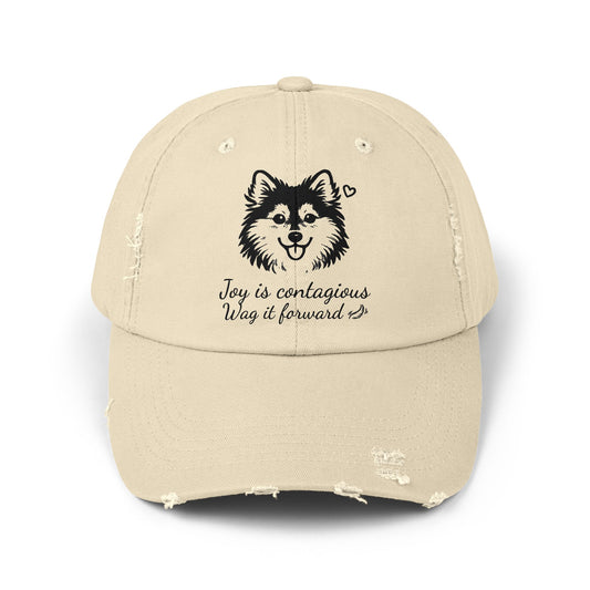 Unisex Husky Dog Design Distressed Cap — 'Joy is contagious, Wag it forward' (Additional Colors)