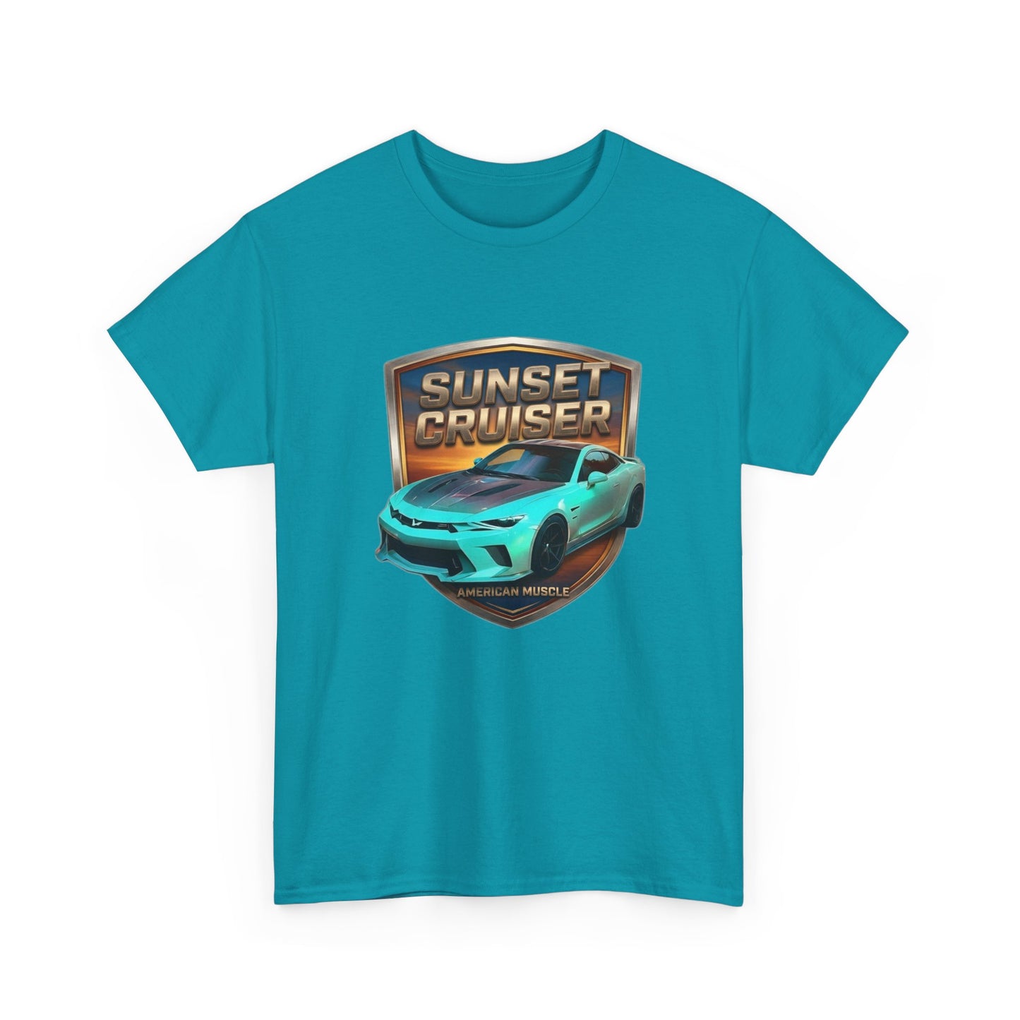 Unisex Adult Aqua 'Sunset Cruiser' Sportscar Theme American Muscle Series Cotton Tee (Additional Colors)