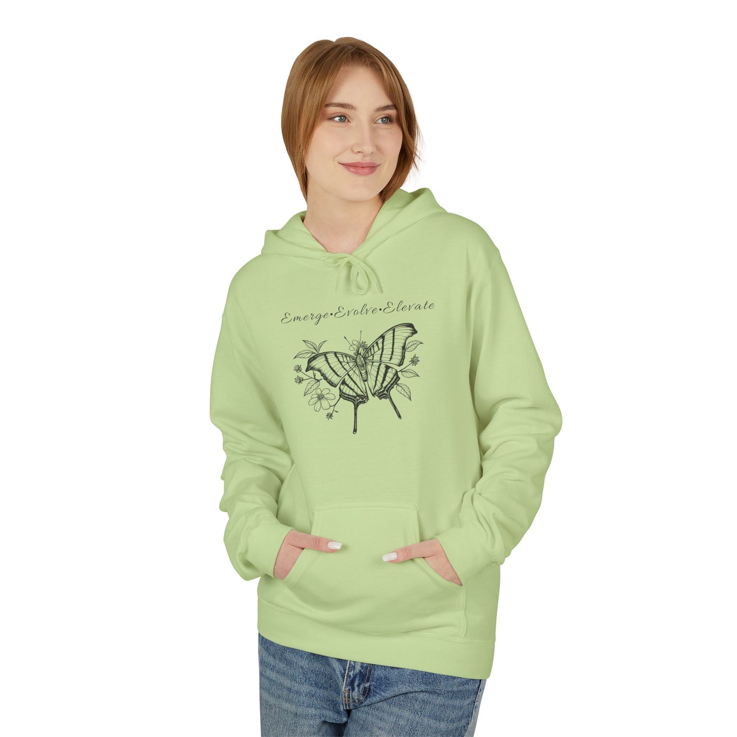 Unisex Adult Butterfly & Flowers Hoodie — 'Emerge, Evolve, Elevate' Minimal Line Art Sweatshirt (Additional Colors)