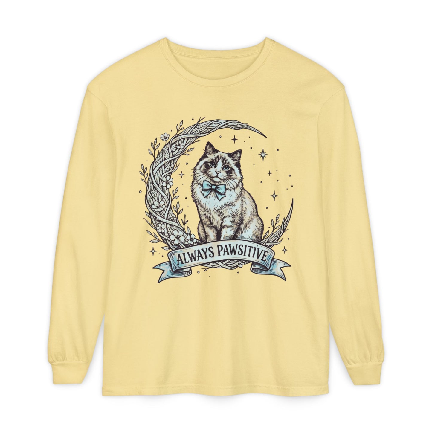 Unisex Adult 'Always Pawsitive' Cat Design Long Sleeve Tee — Cute Ragdoll Cat Graphic Shirt (Additional Colors)
