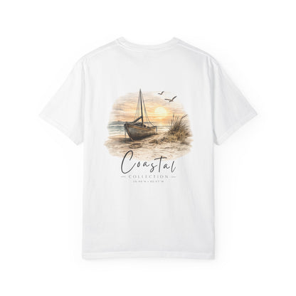 Unisex Adult Beach Sunset Sailboat Back Design T-Shirt — Nautical Coastal Graphic Tee w/ Logo (Additional Color)