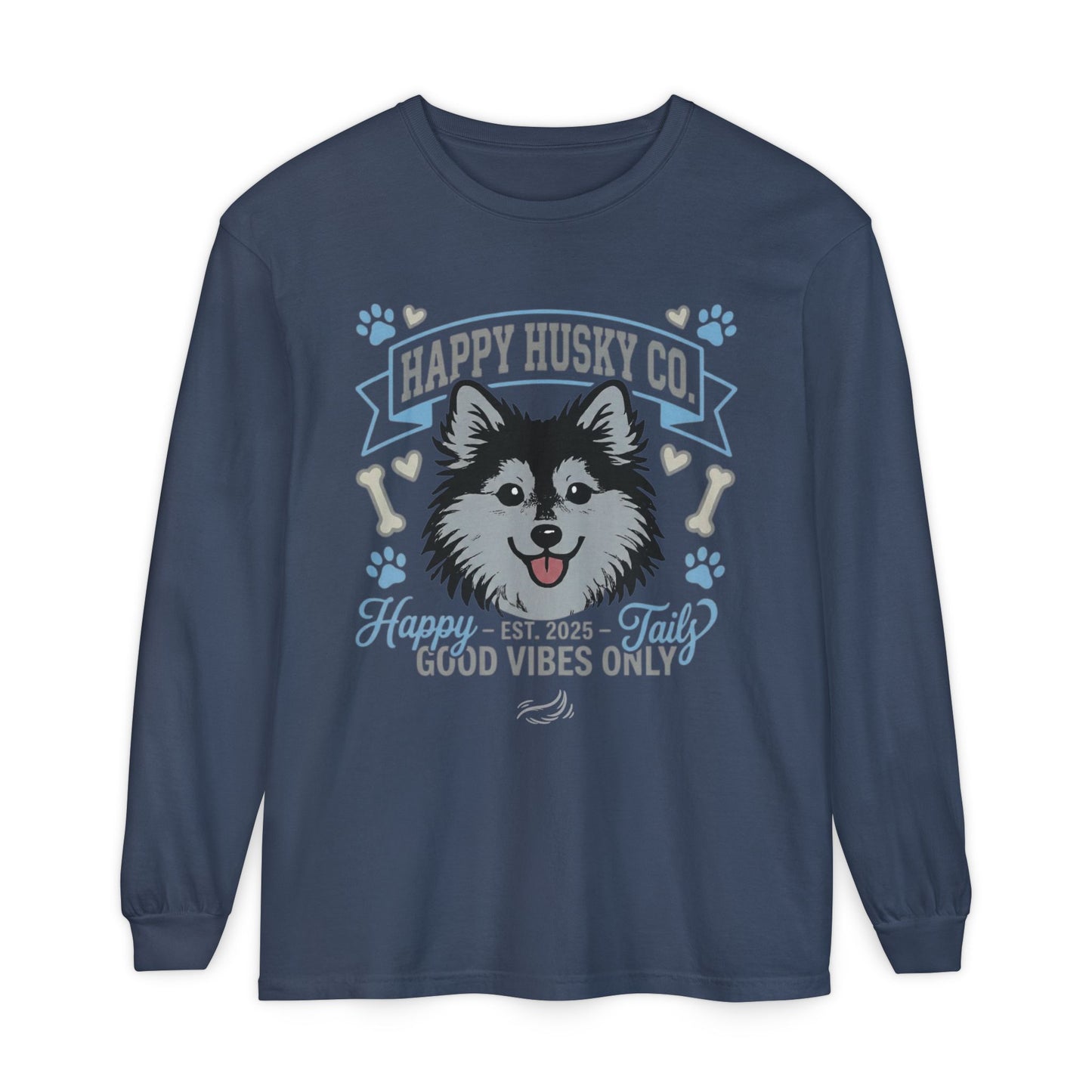 Happy Husky Co. Unisex Long Sleeve Tee — 'Happy Tails, Good Vibes Only' Dog Lover Shirt (Additional Colors)