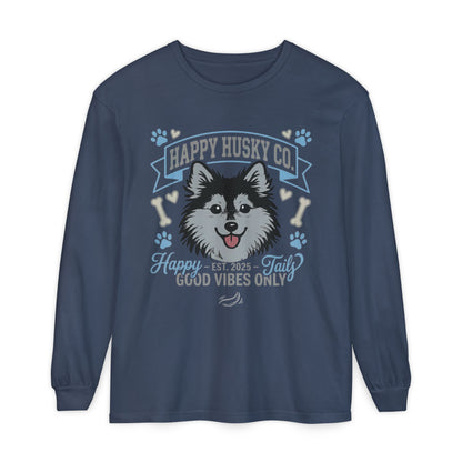 Happy Husky Co. Unisex Long Sleeve Tee — 'Happy Tails, Good Vibes Only' Dog Lover Shirt (Additional Colors)