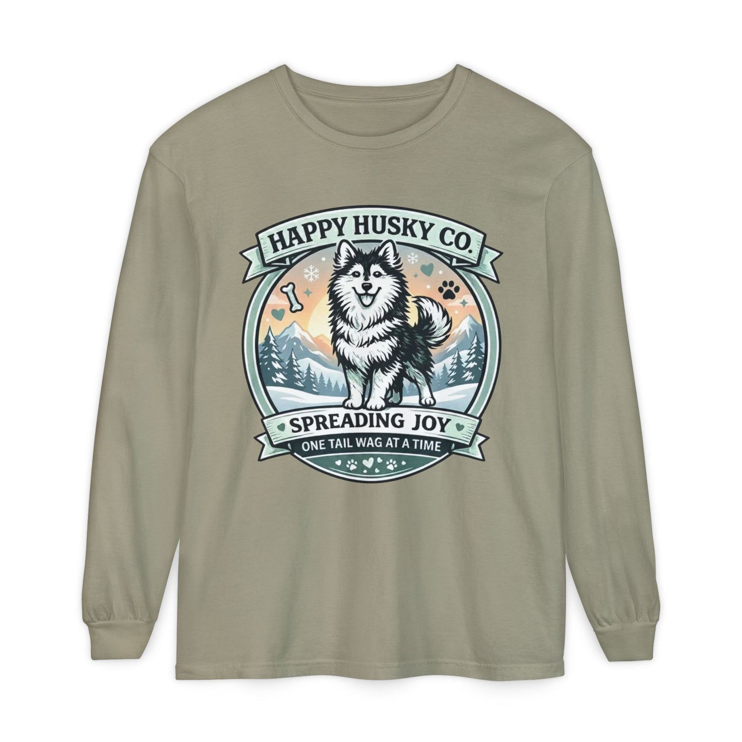 Unisex Colorful Happy Husky Co. Long Sleeve T-Shirt — 'Spreading Joy One Tail Wag At A Time' Graphic (Additional Colors)